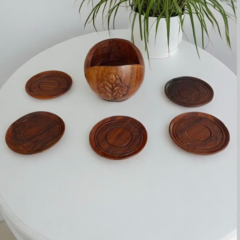 Vintage Hand Carved Sheesham Wood Coasters ( 5)  w/ Floral Carved Holder - Picture 9 of 9